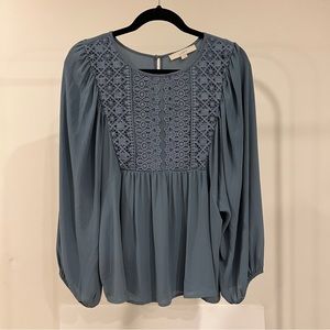 Loft Dusty Blue Lace Front Blouse